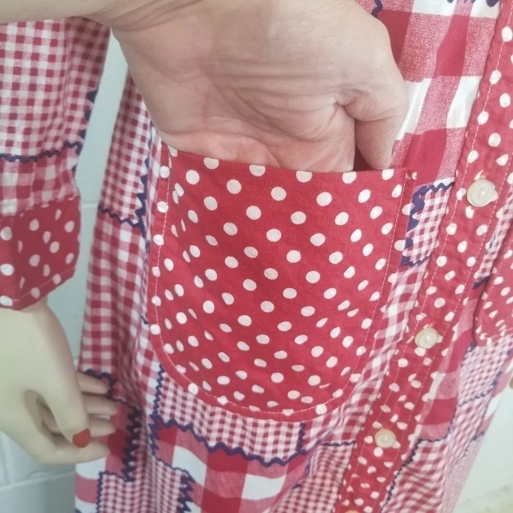 Vtg 70s red gingham plaid patchwork long sleeve maxi dress - Picture 10 of 13